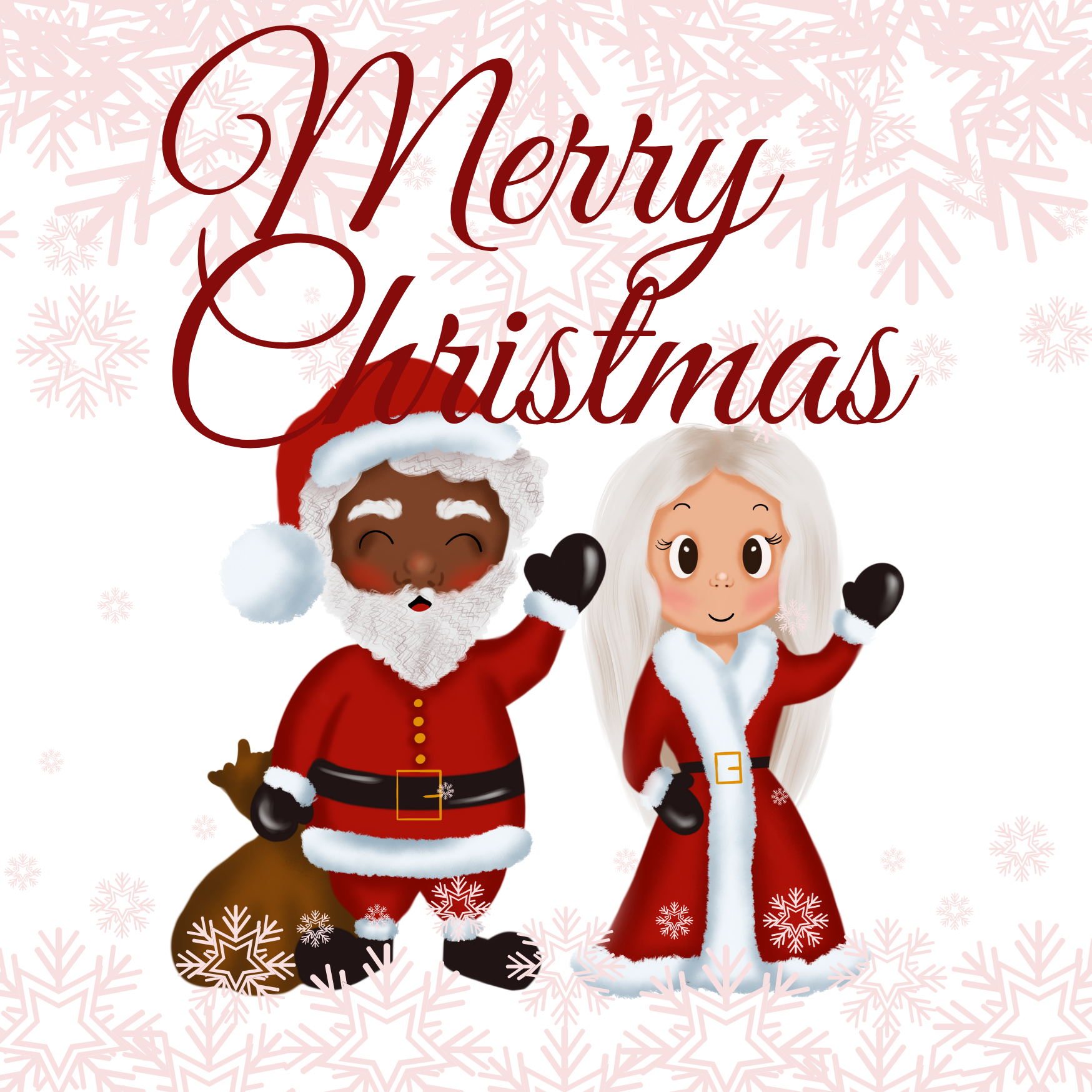 Black Santa & White Mrs Claus Snowflake Christmas Card